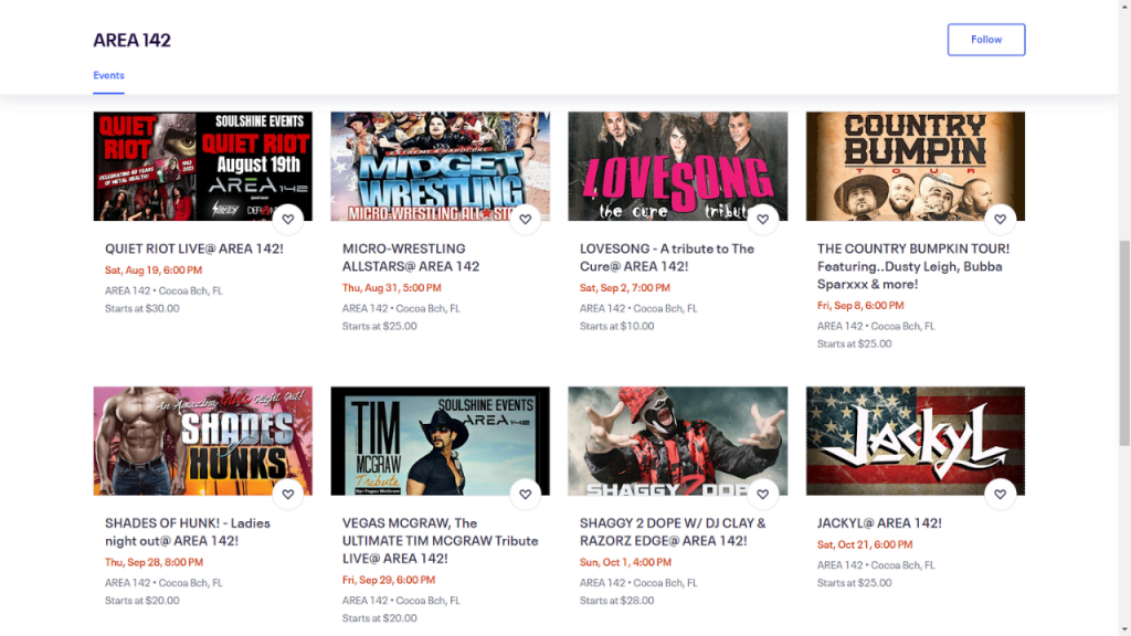 Screenshot of upcoming concerts in downtown cocoa beach at area 142