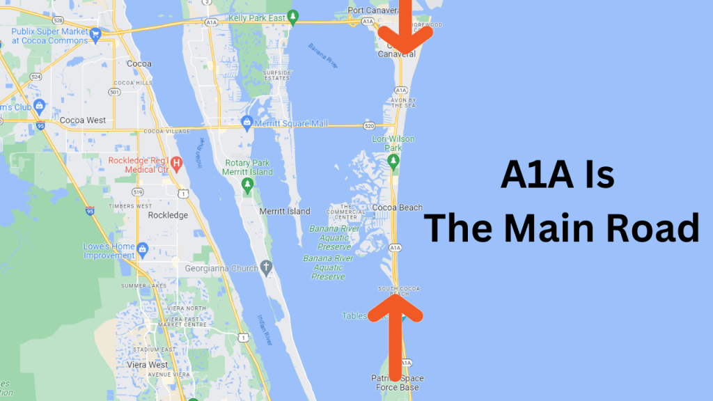 Map view of Cocoa Beach showing A1A is the main road