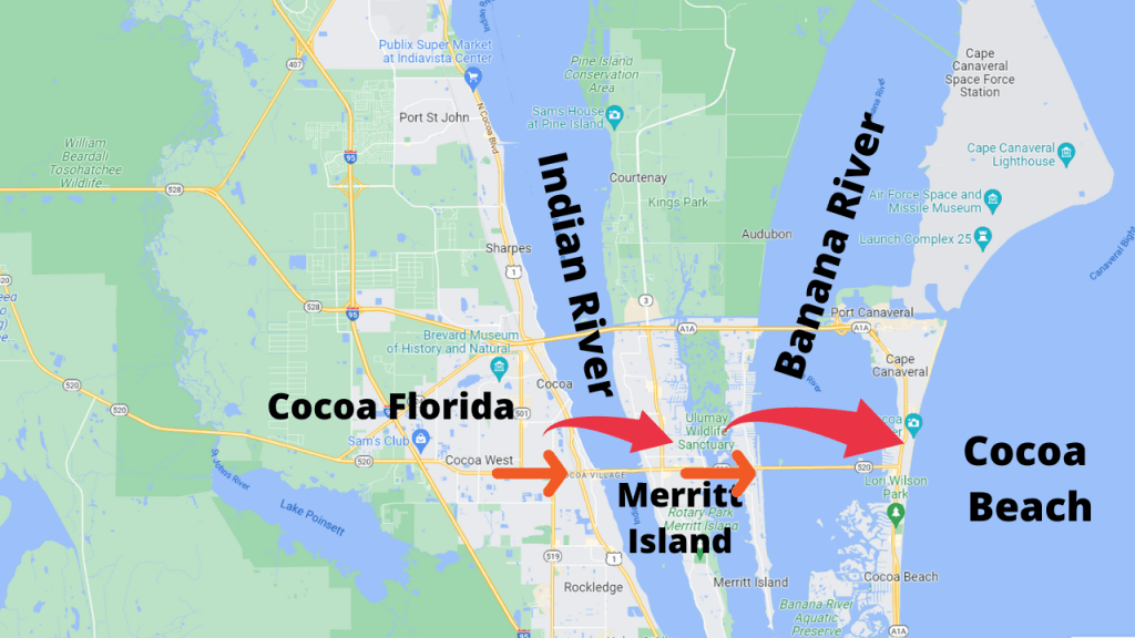 Map view showing the difference between Cocoa Florida and Cocoa Beach