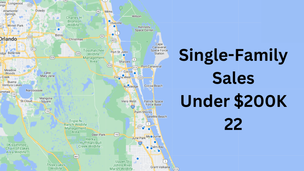 map view showing the single family home sales under $200,000 in July 2023