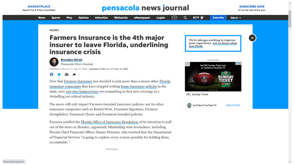 Headling showing another insurance carrier leaving Florida
