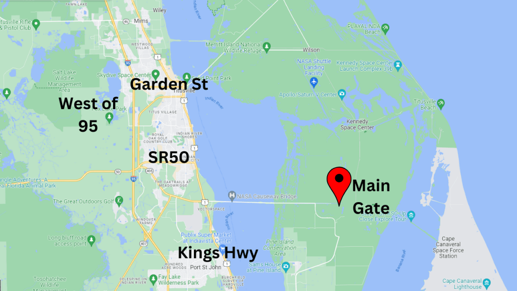 Map view of Titusville showing several main roads. Stay south of Garden St to stay within 30 minutes of the main gate.