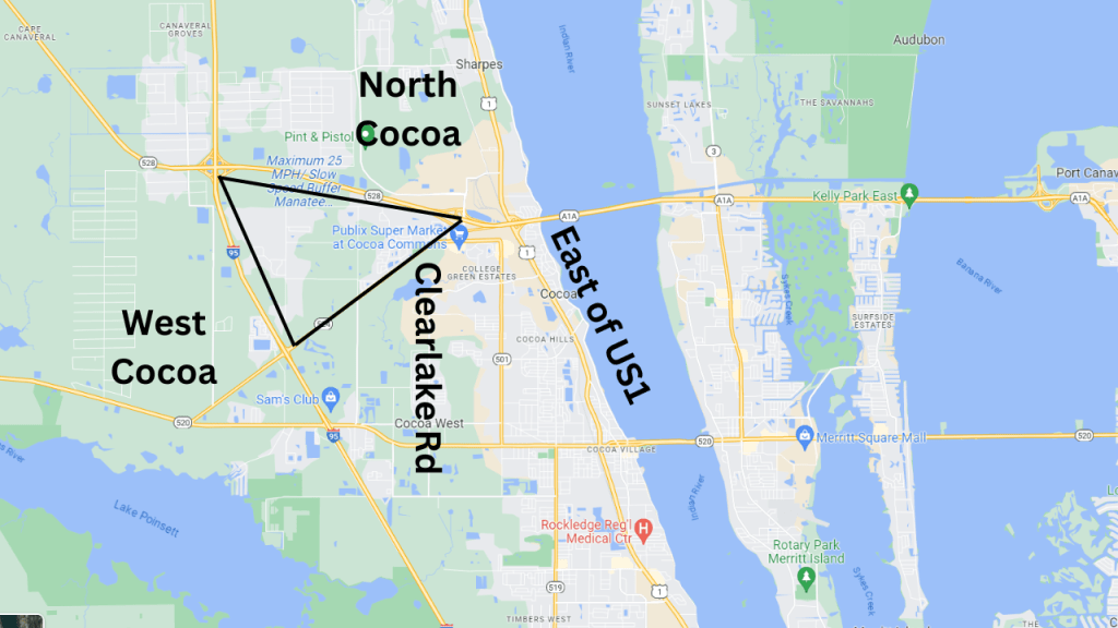Map view of Cocoa Florida showing the different areas.