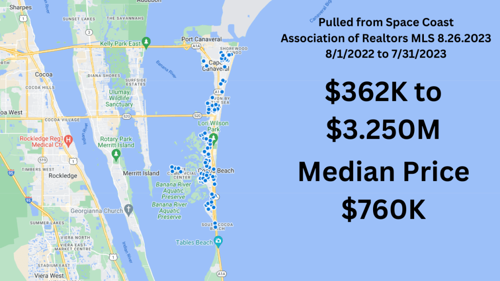Map view of the home sales for Cape Canaveral and Cocoa Beach the last 12 months