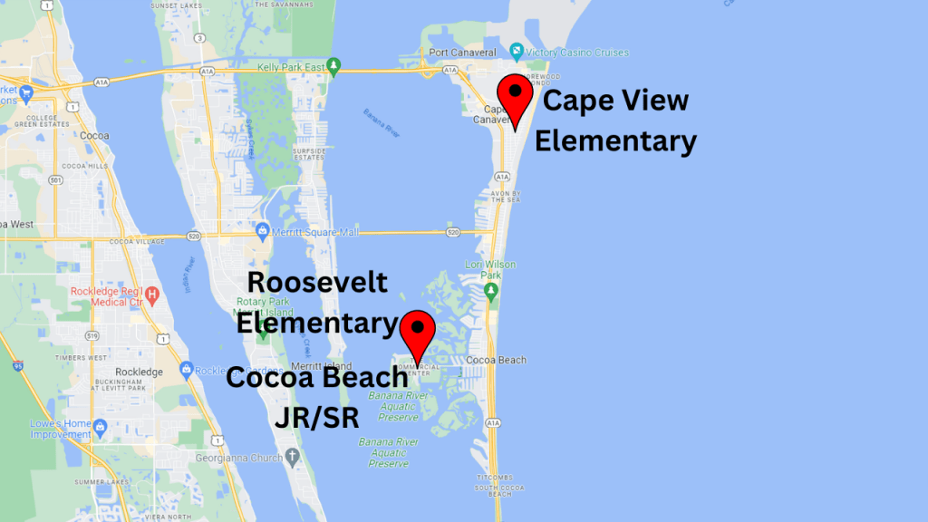 Map view of the schools for Cocoa Beach and Cape Canaveral