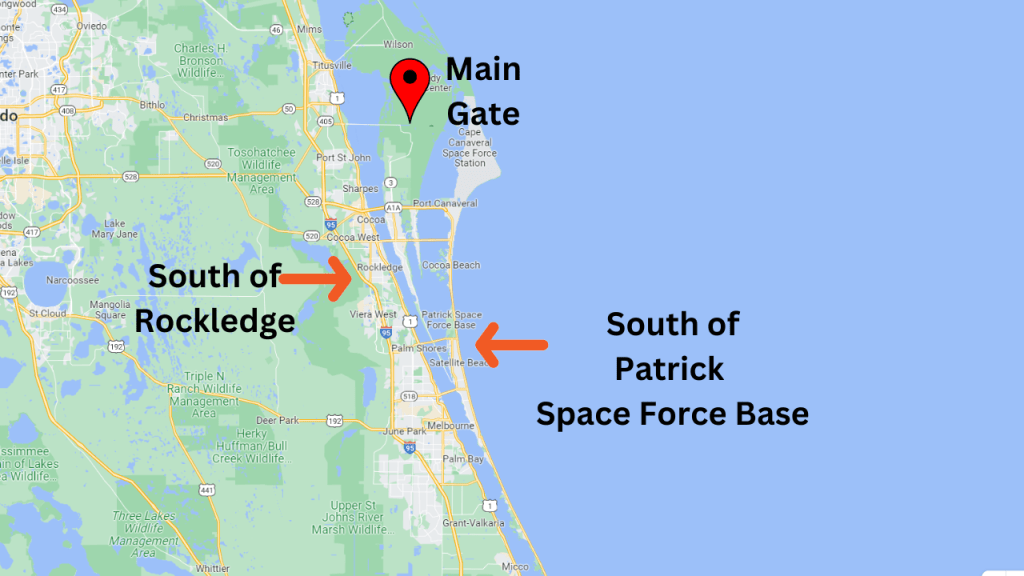 Map view showing the south end of Brevard County with arrows marking the start of the over 30 minute drive areas.