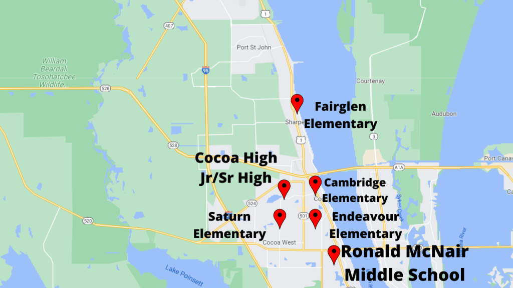 Map view showing the schools for Cocoa Florida that include Cocoa JR/SR High and McNair Middle school