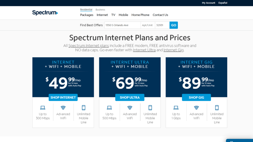 Spectrum internet packages as of September 2023