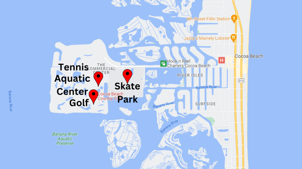 map view showing the location of the Cocoa Beach country club, aquatic center, tennis courts and skate park in cocoa beach