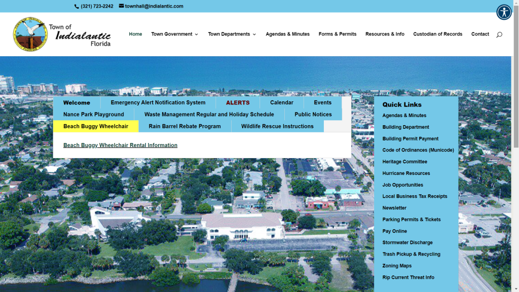Screenshot of the Indialantic Web Page. Lots of resources available here including the link to rent the beach buggy wheelchair or participate in the rain barrel rebate program