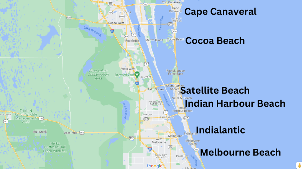 Map view of Brevard County showing the 6 beach cities/towns in the area.