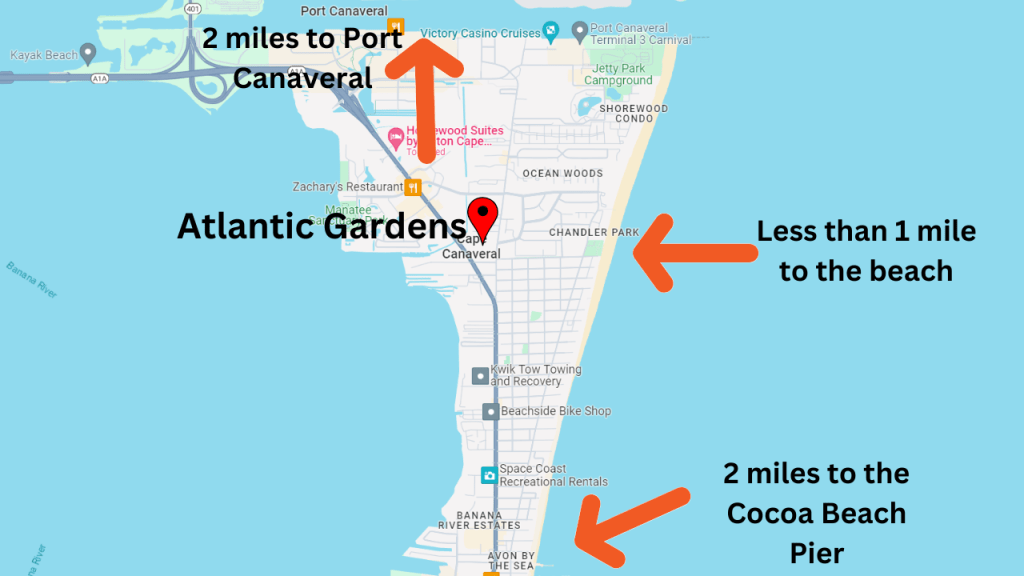 Map view of Cape Canaveral showing the location of Atlantic Gardens condominium