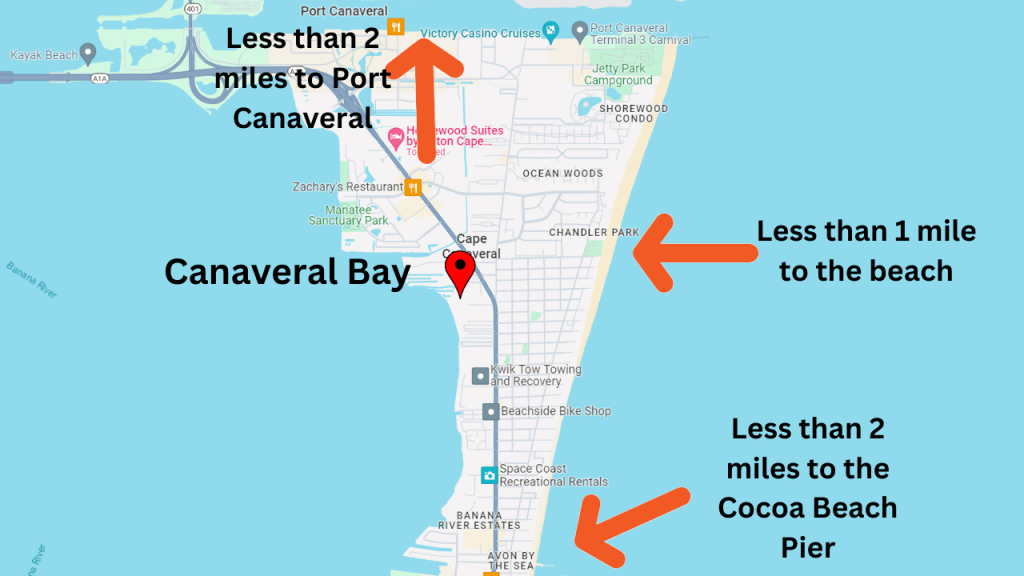 map view of Cape Canaveral showing the location of Canaveral Bay condos