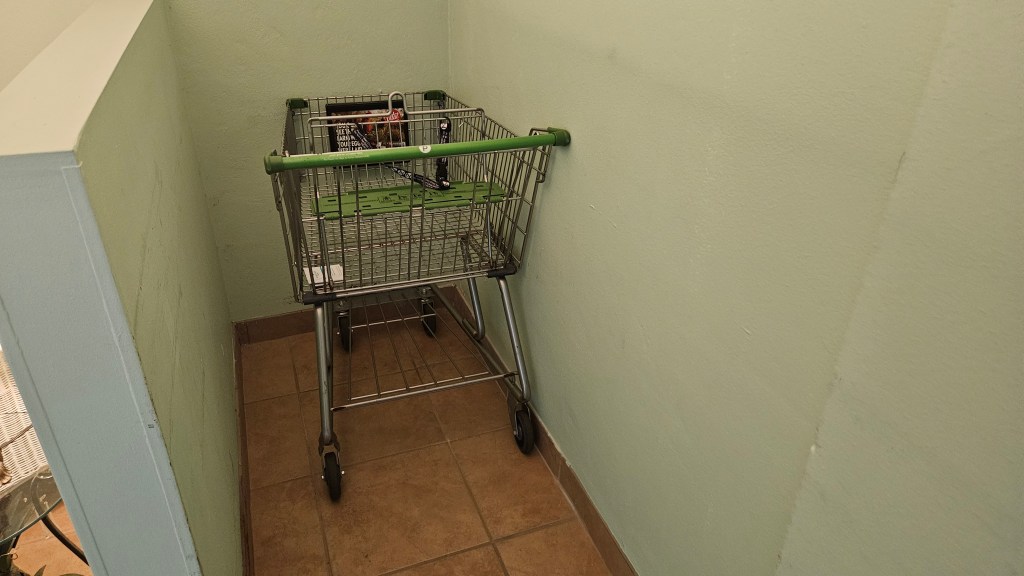 Condos have old grocery carts on the property to help bring your groceries and other items up to your condo.