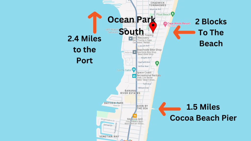 map view of Cape Canaveral showing the location of Ocean Park South condos