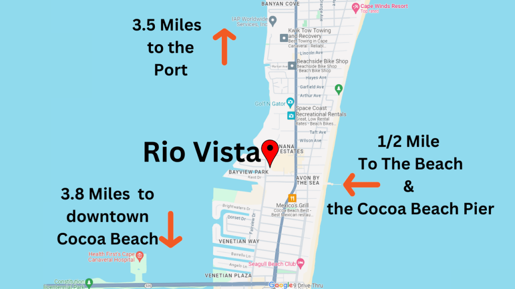 map view of Cocoa Beach showing the location of Rio Vista condos