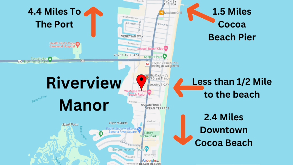 map view of Cocoa Beach showing the location of Riverview Manor condos