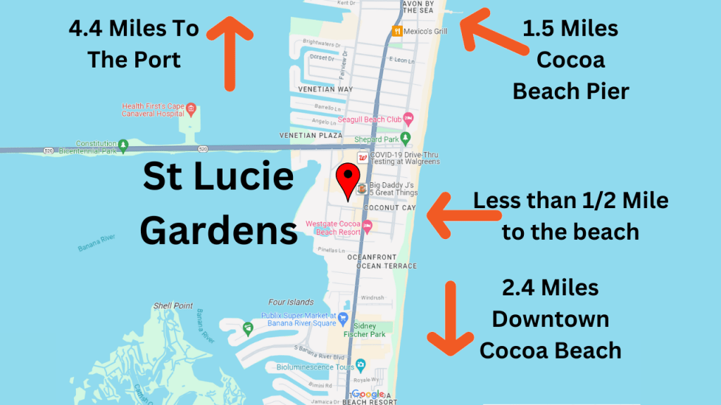 map view of Cocoa Beach showing the location of St Lucie Gardens condominiums