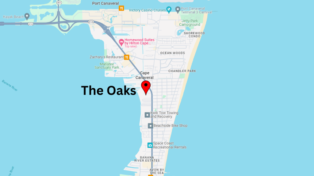 map view of Cape Canaveral showing the location of the Oaks condominium