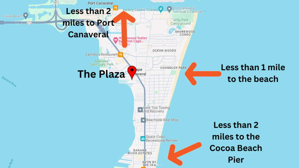 map view of Cape Canaveral showing the location of the Plaza condo