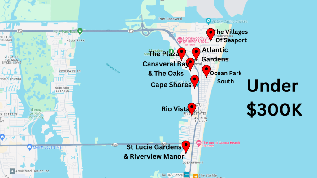 map view of Cape Canaveral and Cocoa Beach showing the location of the condos mentioned in this article