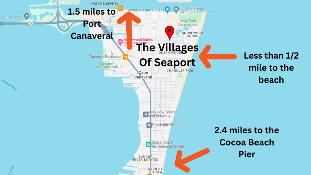 map view of Cape Canaveral showing the location of the Villages of Seaport condo complex