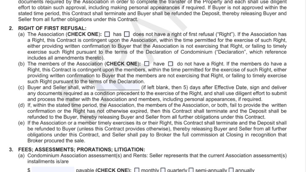 screenshot of the farbar condo rider showing the verbiage for the right of first refusal
