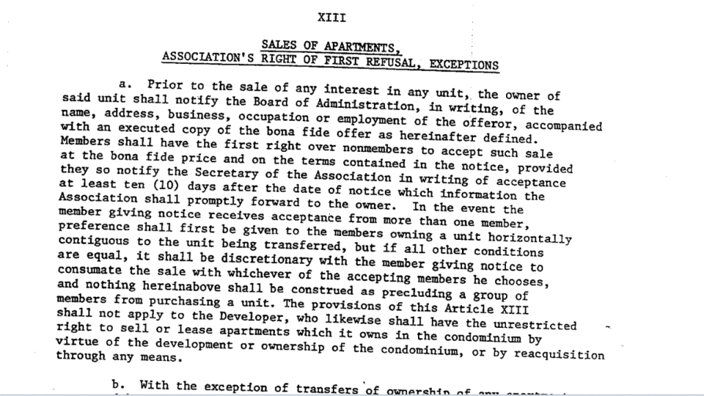 section of a condominiums condo docs in Cape Canaveral that has a first right of refusal