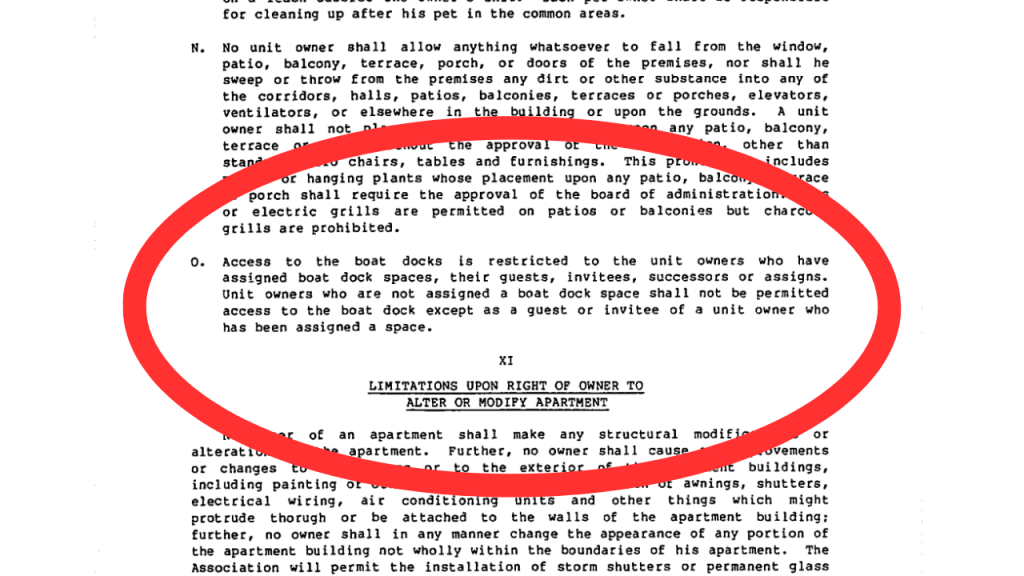 condo document restrictions on accessing the boat docks on the complex