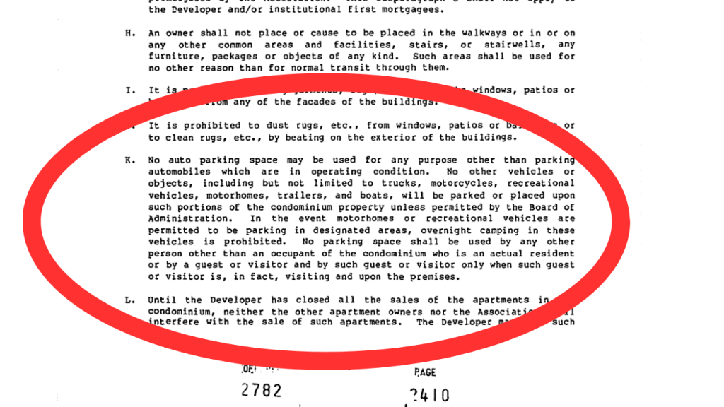 condo docs showing verbiage for vehicle restrictions