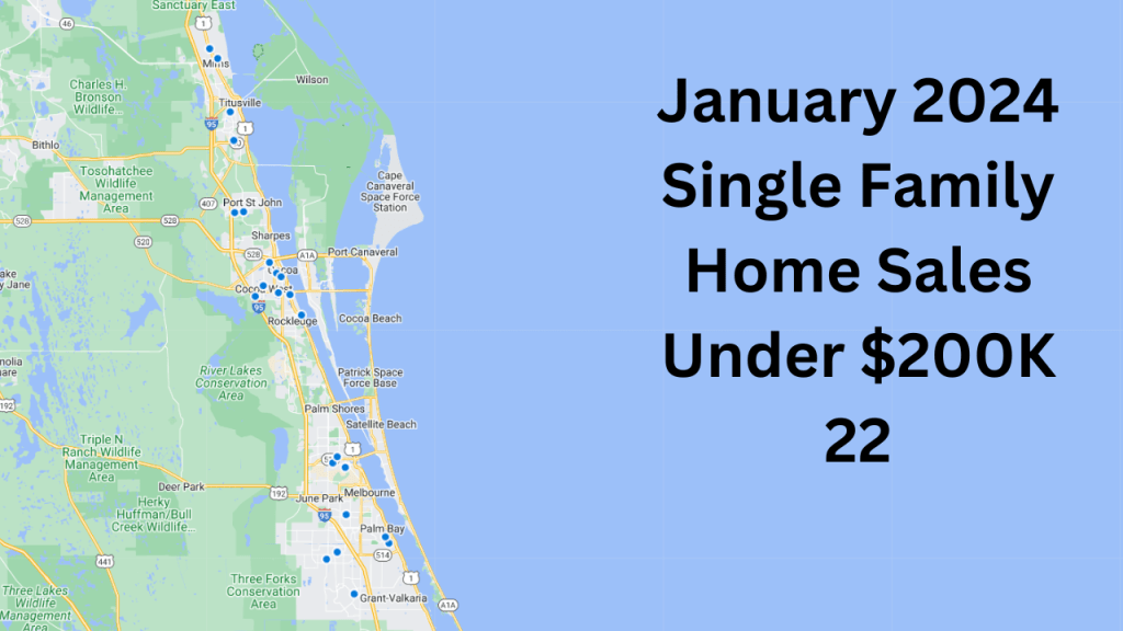 Map showing the location of the 22 homes that sold under $200K in January