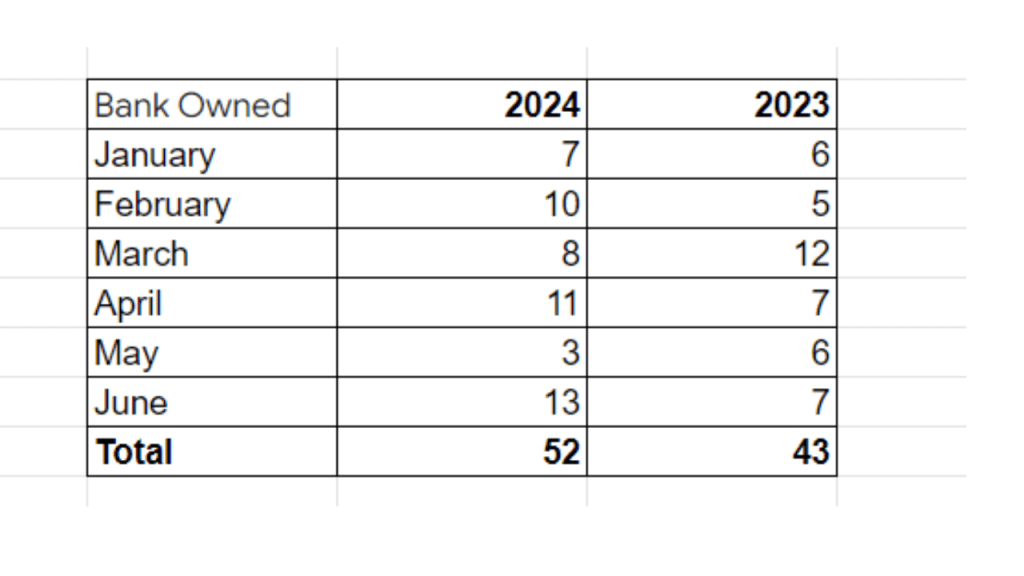 speadsheet showing the total bank owned sales 2023 to 2024