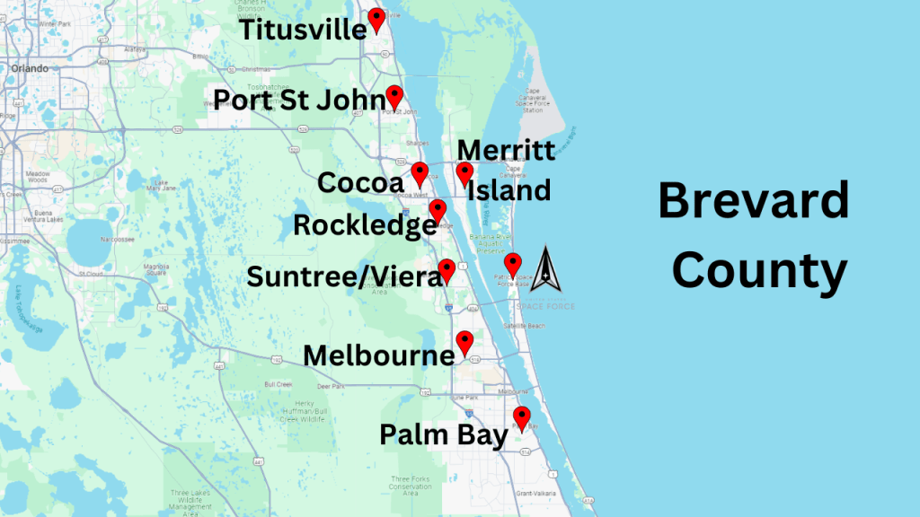 map view of Brevard County showing the cities near Patrick Space Force Base