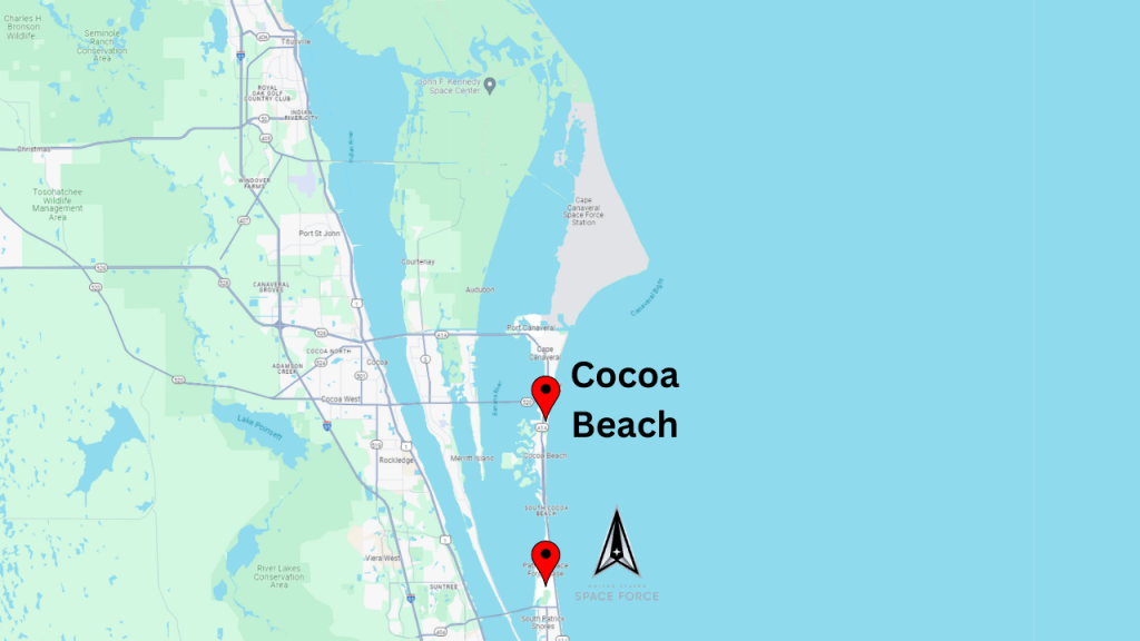 Map view of Cocoa Beach showing the proximity to Patrick SFB