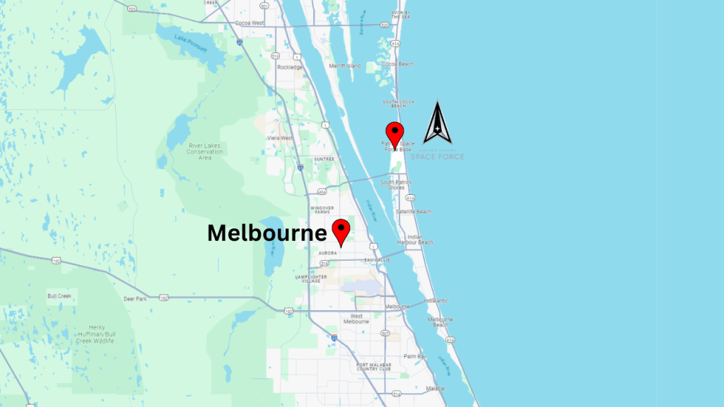 Map view showing the location of Melbourne Florida to Patrick SFB