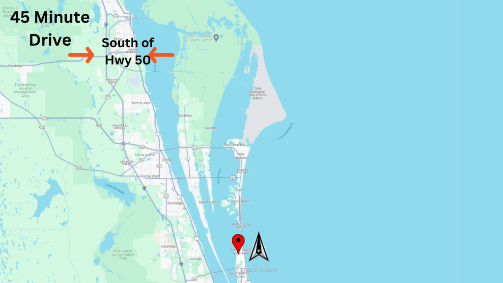 Map view showing the approximate location north for a 45 minute drive to Patrick