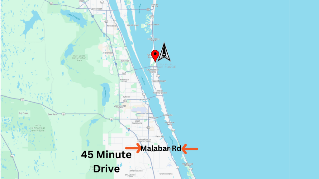 Map view showing the approximate location south for a 45 minute drive to Patrick