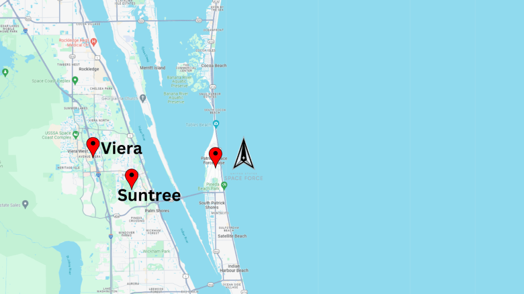Map view showing the Suntree & Viera area compared to Patrick SFB