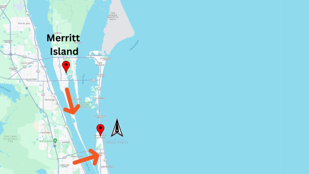 Map view of Merritt Island showing how easy it is to drive south to get to Patrick SFB