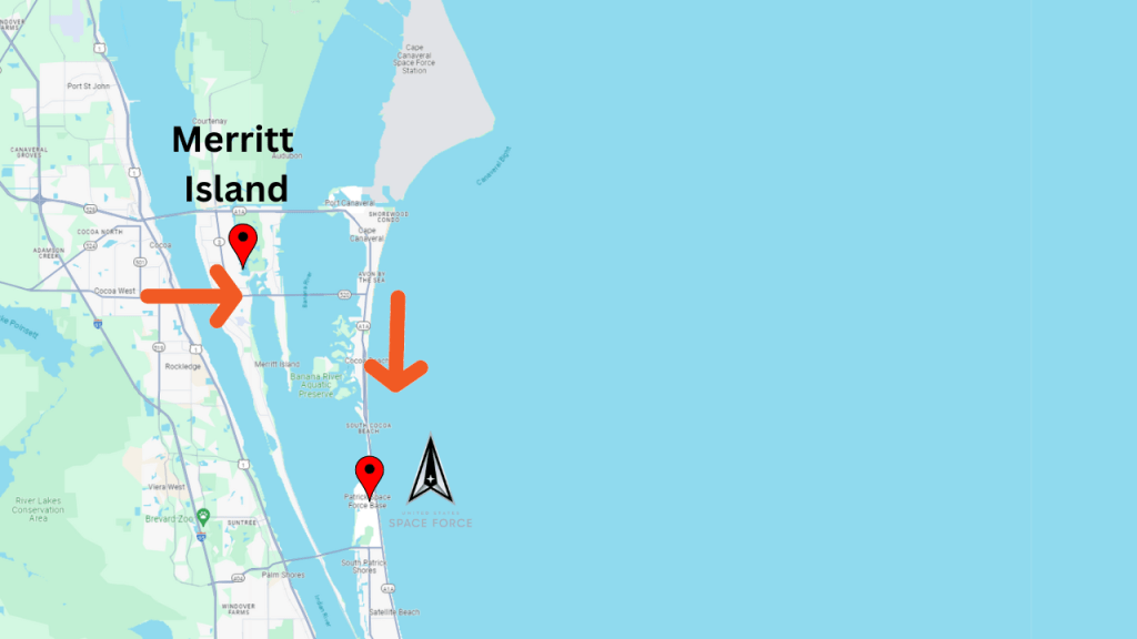 Map view of Merritt Island showing how easy it is to get to Patrick SFB 