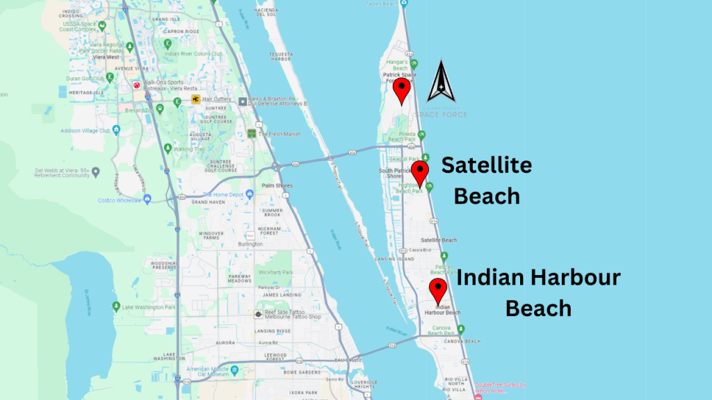 Map view showing Satellite Beach and Indian Harbour Beach proximity to Patrick SFB