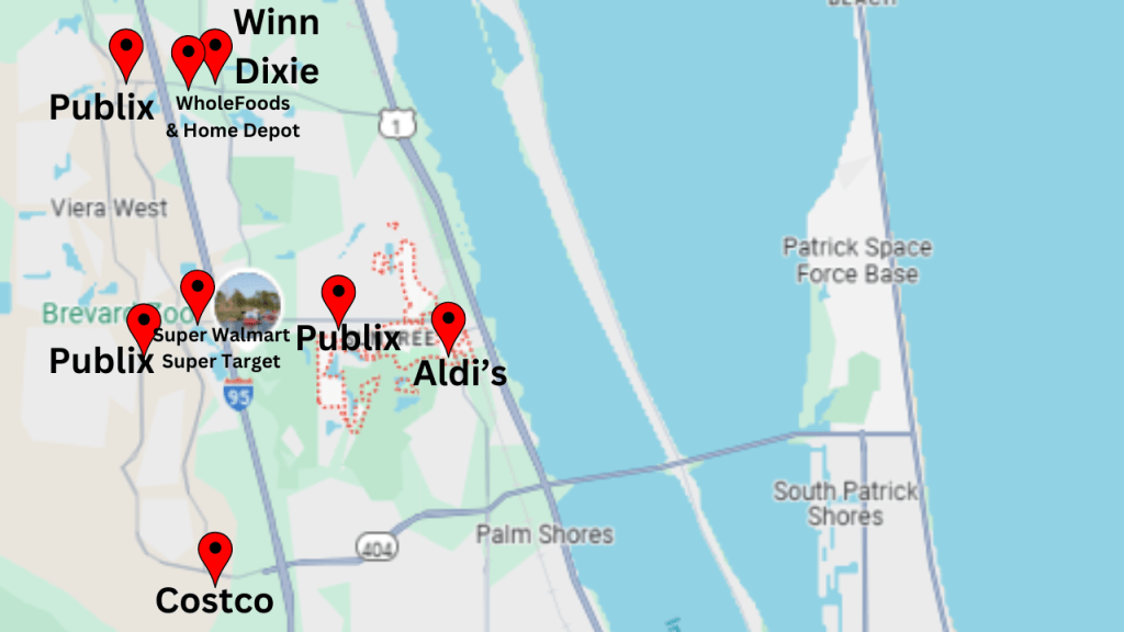 google map view showing the major retailers in the 32940 area