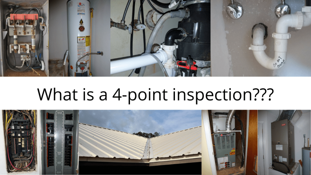 What is a 4 point inspection? This is a thumbnail for a youtube video. Pictured is plumbing, electrical, roof, and HVAC