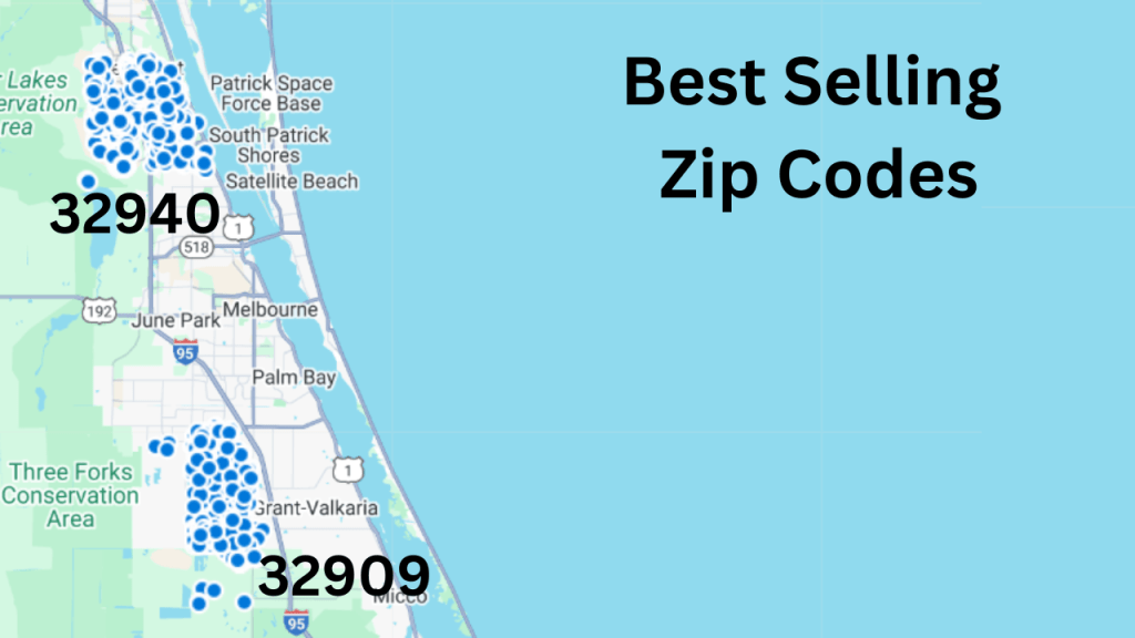 map of Brevard County showing the 2 best selling zip codes, 32940 and 32909