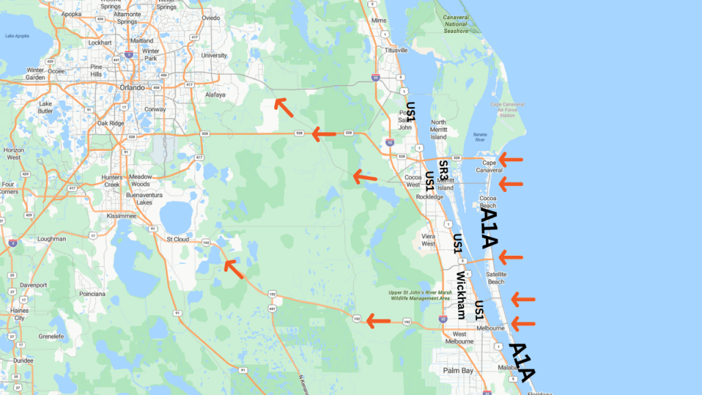 map of brevard county showing the major roadways and the 5 different causeways connecting the beaches to the mainland.