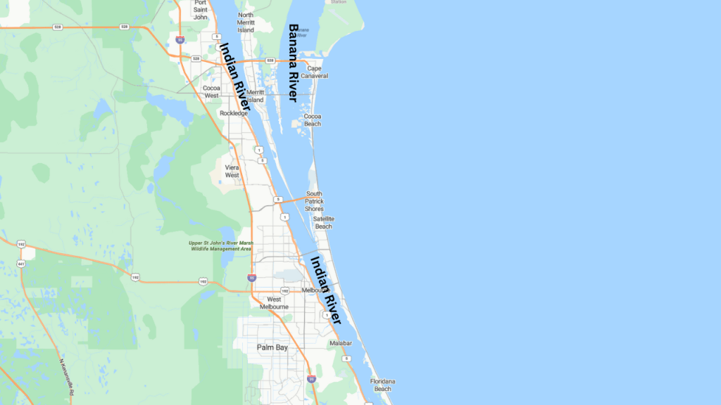 Map showing the main waterways of Brevard County