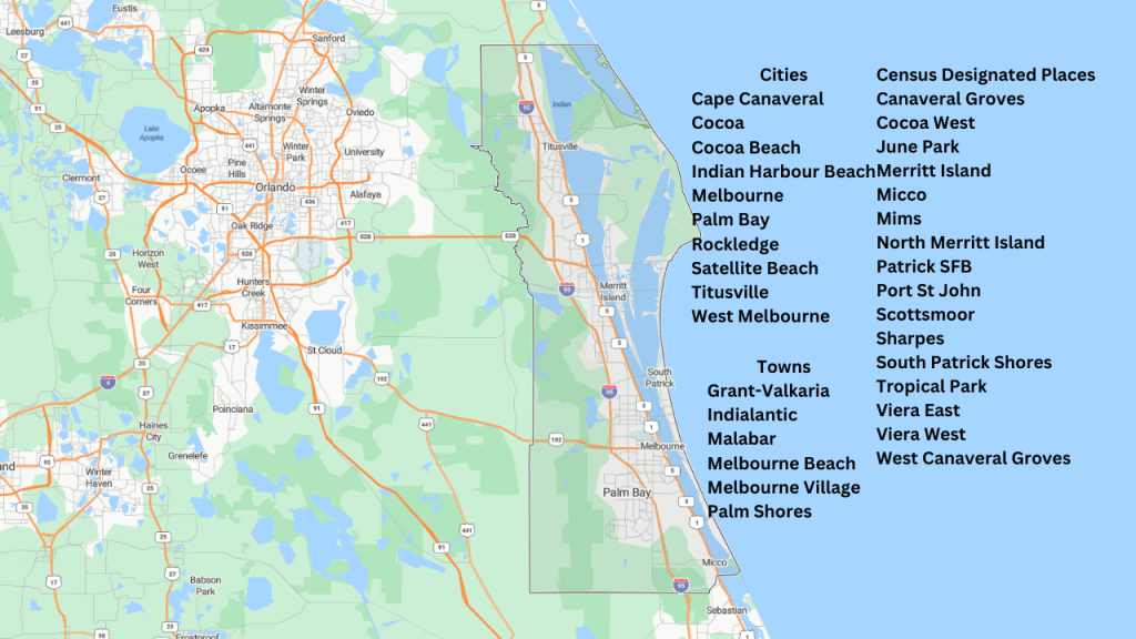 map showing Brevard County and has a list of the cities, towns, and census designated places in the count.