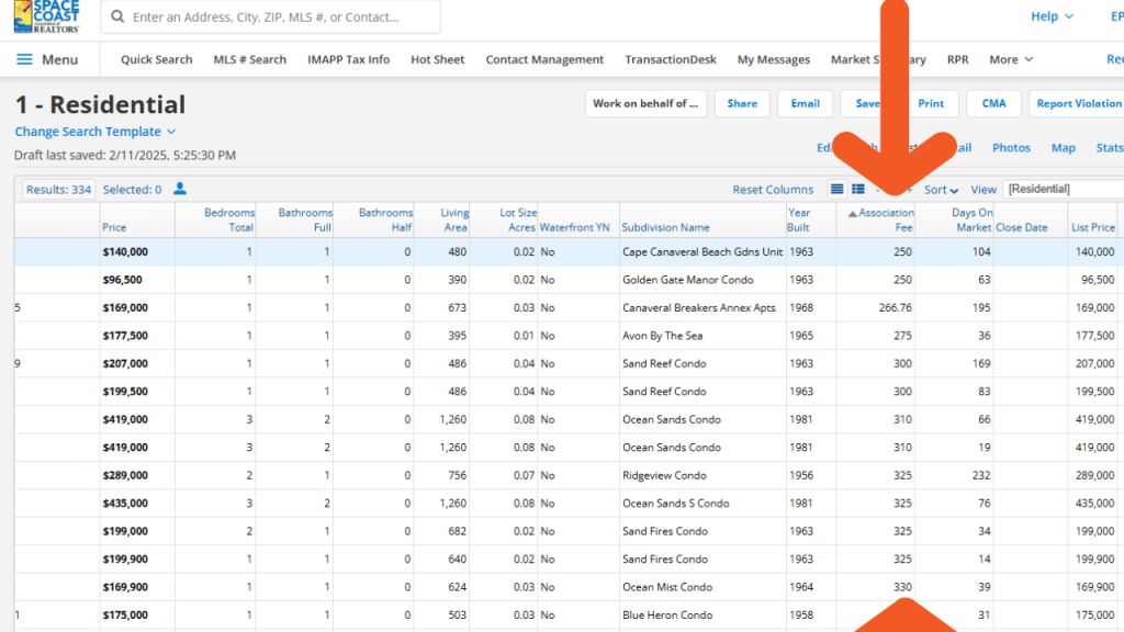 screenshot of the Space Coast of Realtor MLS showing the lowest condo fees for condos in the Cocoa Beach and Cape Canaveral area