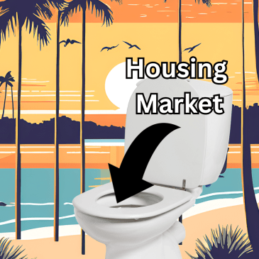 graphic showing palm trees and pelicans around a body of water with a toilet in the foreground