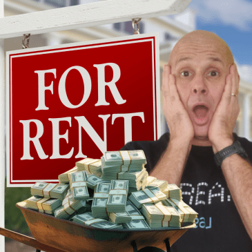 a rent sign in front of a home with a wheelbarrow full of money.